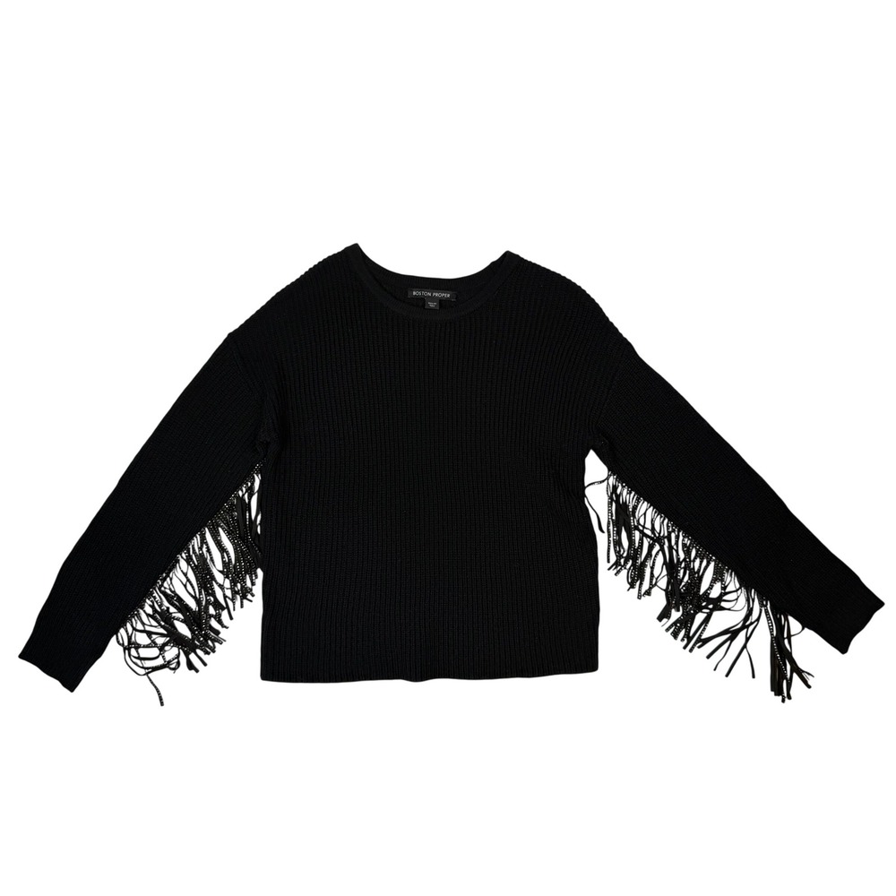 Boston Proper Western Boho Streetwear Women Fringe Studded Sweater Black Acrylic